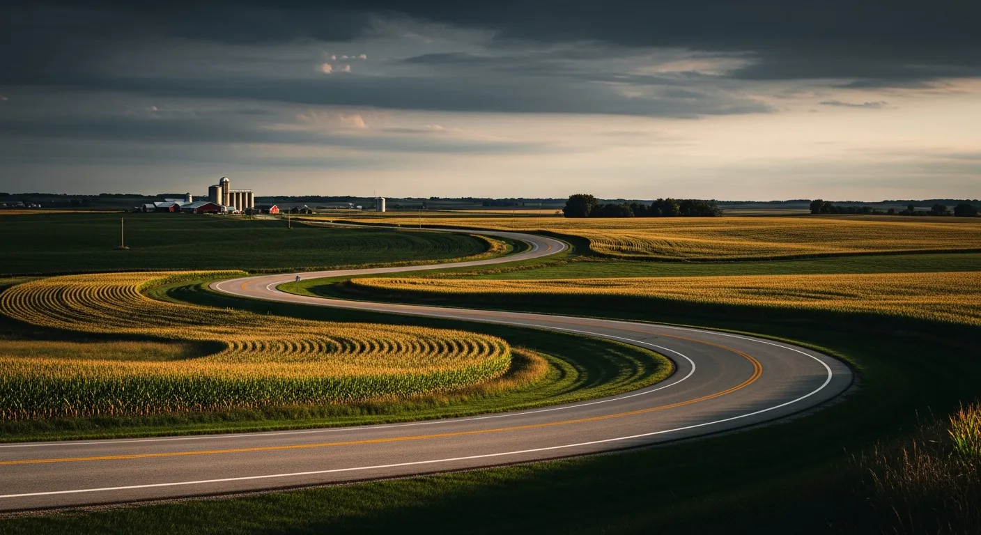 Curvy country road winding through Midwest farmland with barns and silos on the horizon